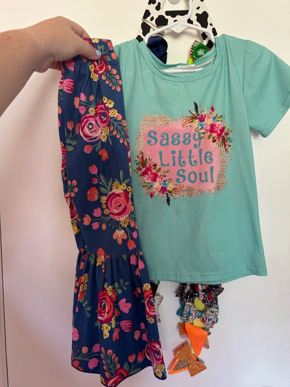 Mint Green "Sassy Little Soul" Tee with Floral Navy Ruffle Bell Bottom Pants
